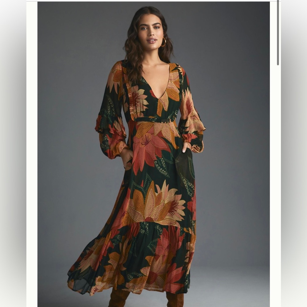 Farm Rio New Anthropologie Floral V-Neck Maxi Dress size Small